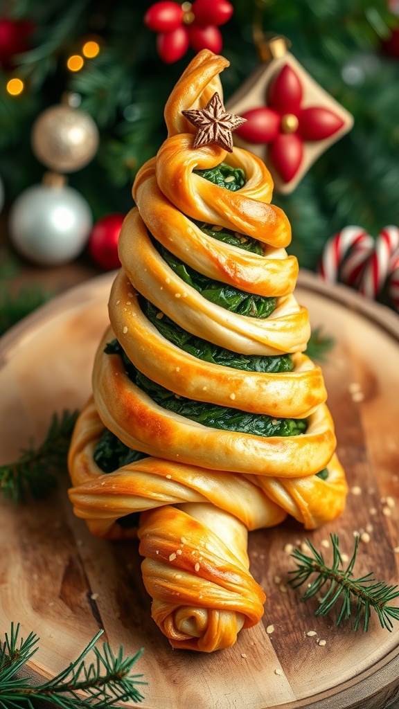 A spinach tree twist made of flaky pastry with green filling, garnished with sesame seeds, on a wooden board.